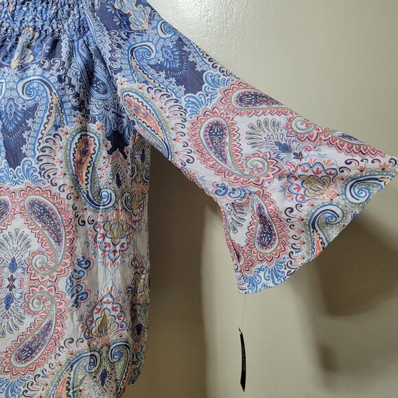 Zac & Rachel Women's Blue Paisley Blouse Top 3/4 Bell Sleeve Off Shoulder Medium - Picture 5 of 9